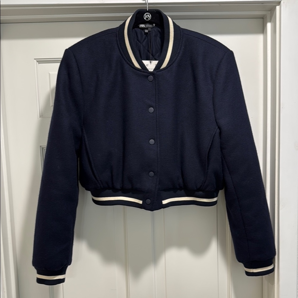 Navy Blue Varsity Jacket with Ribbed Collar and Cuffs - NWT